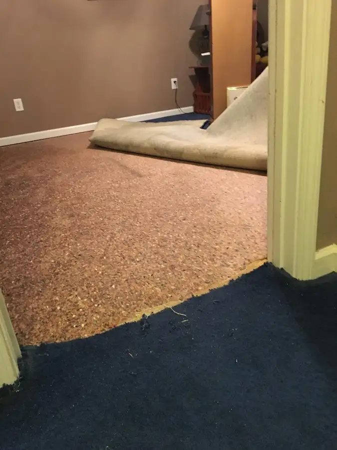 Carpet pad removal revealing water damage during Drying & Dehumidification in Bessemer City